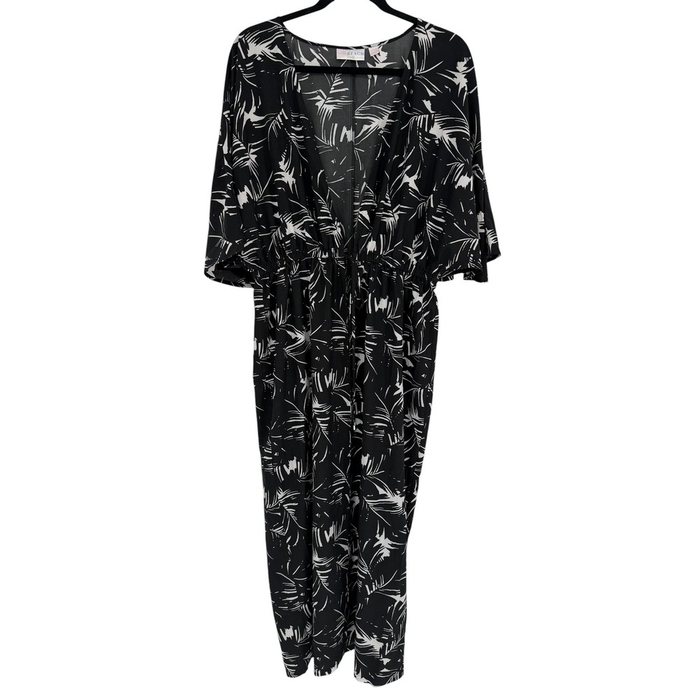 Belle Beach Kim Gravel Black White Palm Leaf Bathing Suite Cover Up Size MP